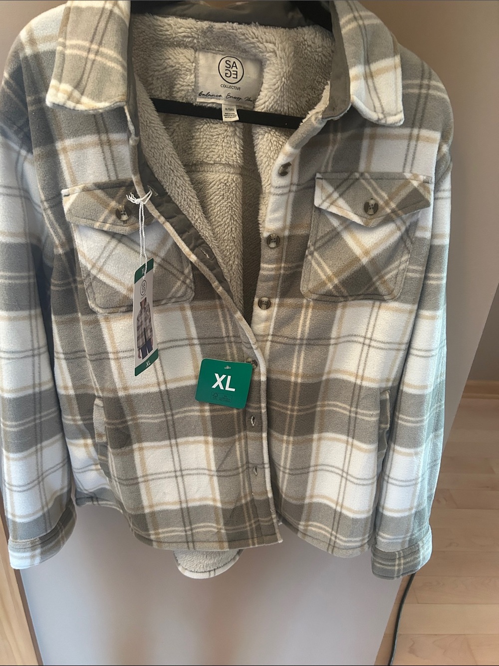 Sage Plaid Sherpa-Lined Shacket in Gray and Cream